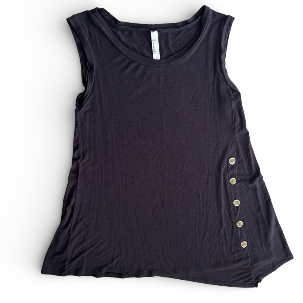 Emerald Womens L Black Knit Side Button Detail Sleeveless Asymmetrical Tunic Top